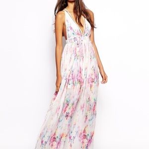 Watercolor Maxi Dress with Plunging Neckline